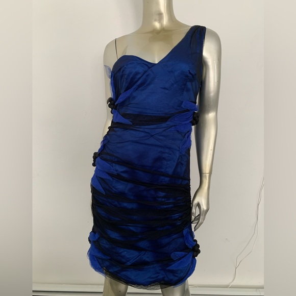 One Shoulder mesh Tulle Overlay black & blue mini Dress w flower detail size 6 - Picture 4 of 15